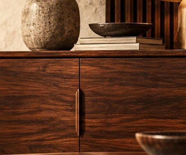 Rosewood sideboard with brass lamp
