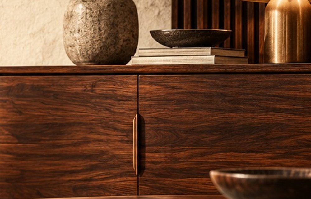 Rosewood sideboard with brass lamp