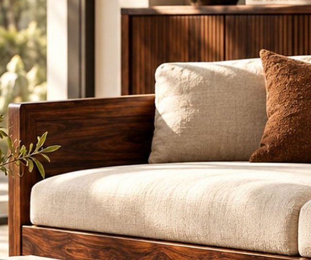 Rosewood sofa with linen cushions