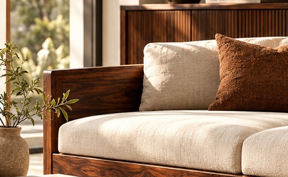 Rosewood sofa with linen cushions